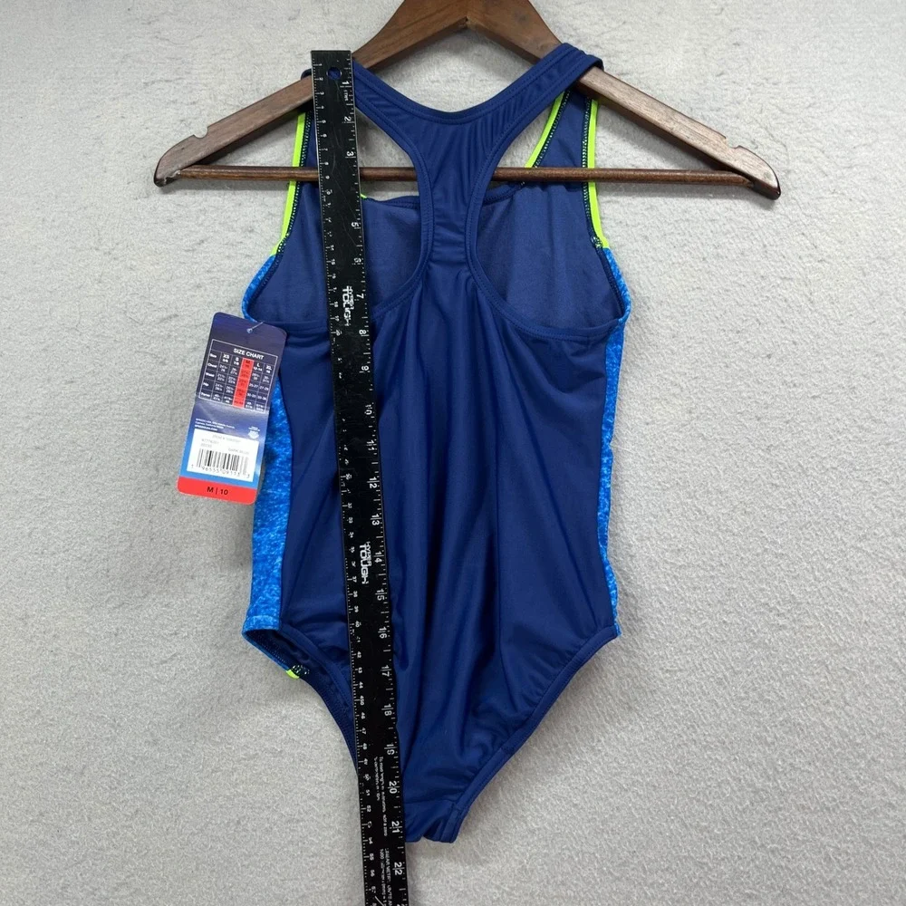 Speedo One Piece Swimsuit Girls M 10 Navy Neon Yellow Colorblock Sporty Pool NEW